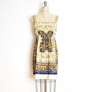 vintage 80s dress scarf print strapless pleated cream navy gold baroque M